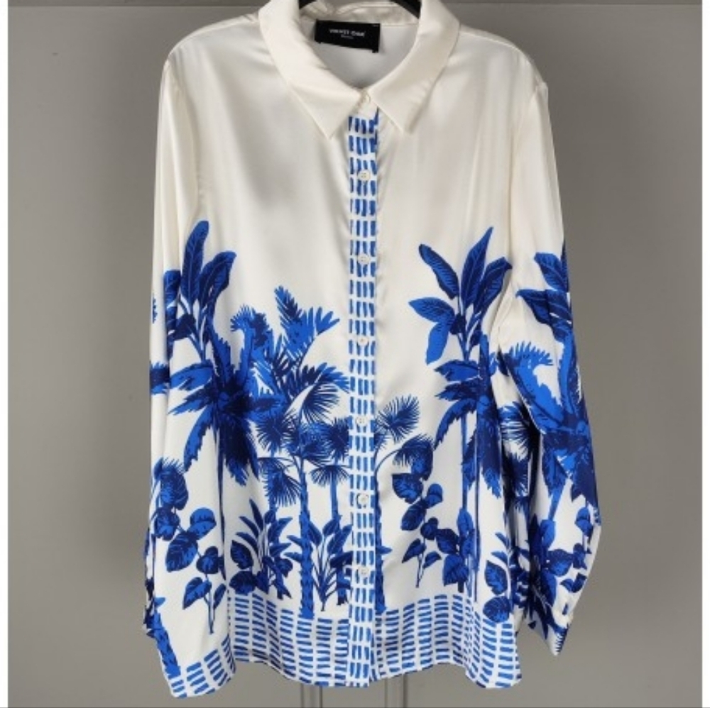 Skies Are Blue Cream and Blue Botanical  Button Down Blouse Size 2X